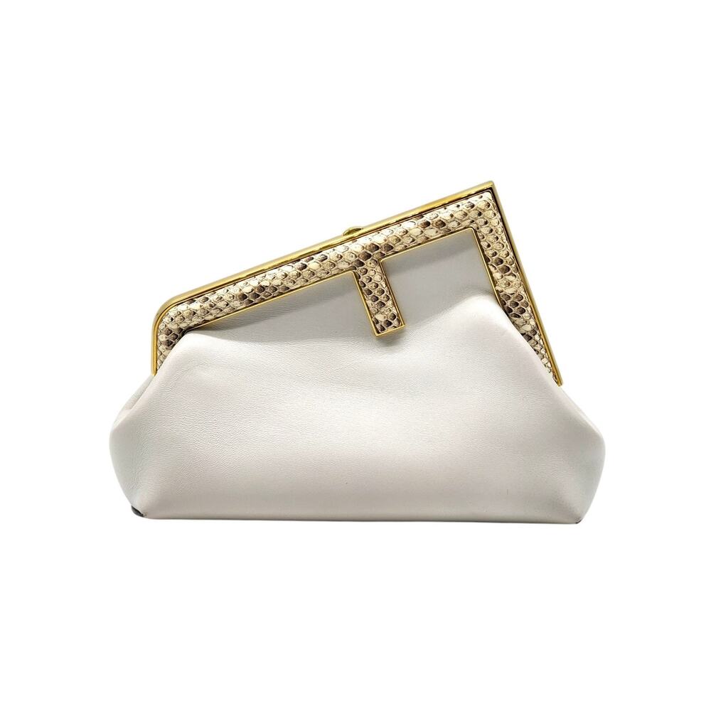 Fendi First Small White Leather Clutch Bag with Python Trim Gold Hardware